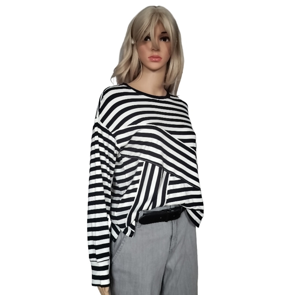 Nautica Lake Crew Long Sleeve Striped Navy Blue and White Women's Top